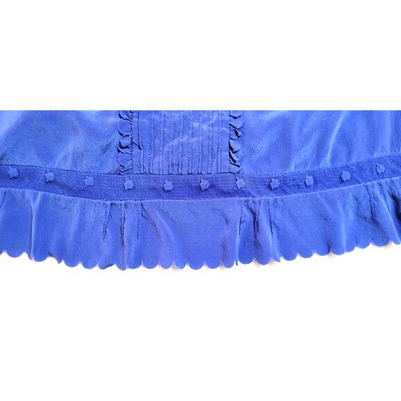 Womens Elevated Blue Silk Short Sleeve Top Blouse Sz L Lace Ruffles Detailing - Picture 8 of 11